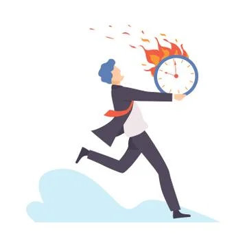 Man runs with a burning clock. Vector illustration. Stock Illustration