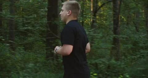 A man runs in the evening in the forest. Slimming and healthy lifestyle Stock Footage 206825024
