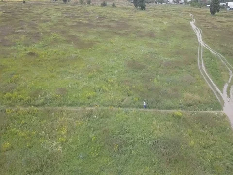 A man runs on a footpath in a field, shooting from above with a drone Video stock 79028486