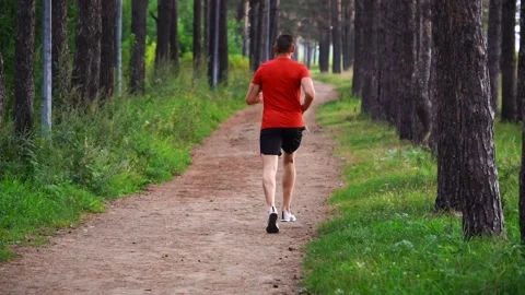 Man runs in the summer forest. Slow motion. Stock Footage 146835564