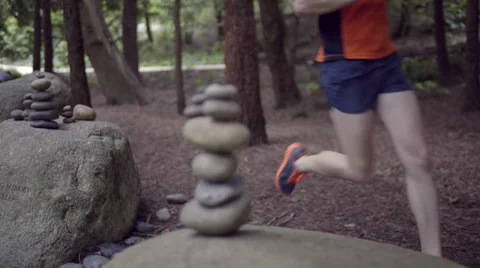 Man Runs Through Beautiful Forest, Past Rock Cairns On Trail (4K) Stock Footage 50013688