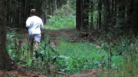 A man runs through the green forest Stock Footage 54682955