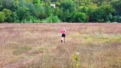 A man runs through a meadow in a green valley Stock Footage 169872437