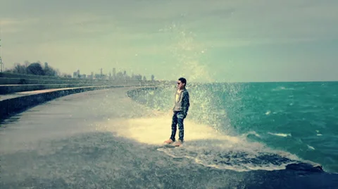 Man Runs from Waves, Slow-Motion Stock Footage 38354172