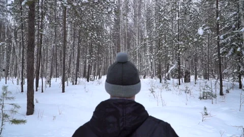 A man runs in the winter on a forest path. View from the back. Stock Footage 87980530