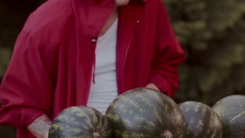 Man with safety goggles preparing to slice some watermelons Stock-Footage 258316766