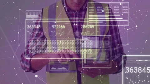 Man in safety vest tapping touchscreen, bringing floating data charts for Stock Footage 310728169