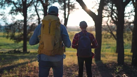 Man salutes sun while walking backpack through forest. Travel walking trail Stock-Footage 320113675