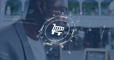 Man sampling pastry then checking tablet for retail product info while cart HUD Stock Footage 328396836