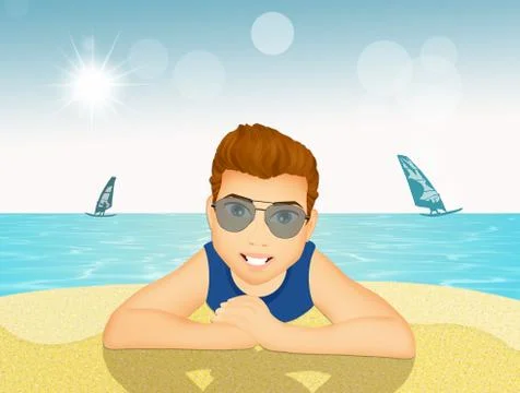 Man on the sand at the beach Stock Illustration