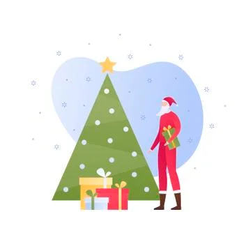 Man in santa claus outfit with stack of gift box and decorated tree Stock Illustration