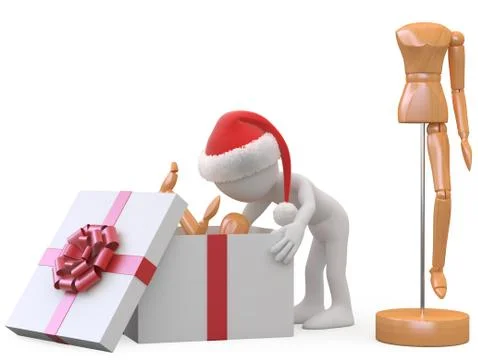 Man with santa hat taking out a wooden doll of a gift box Stock Illustration
