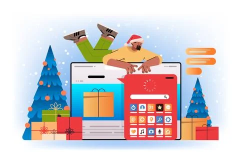 Man in santa hat using computer apps on laptop screen near decorated christmas Stock Illustration