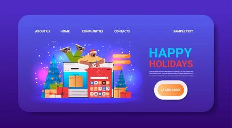 Man in santa hat using computer apps on laptop screen near decorated christmas Stock Illustration