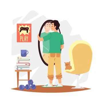 Man satisfied with his reflection in mirror, flat vector illustration isolated. 스톡 일러스트