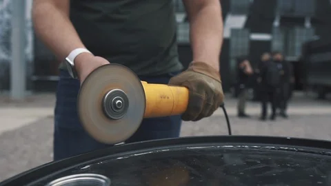 The Man Saws Angular Grinding Machine Iron Details Sparks From Angular 120 fps Stock Footage 117109009