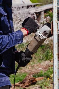 The Man Saws Angular Grinding Machine Iron Details of the fence. 스톡 사진