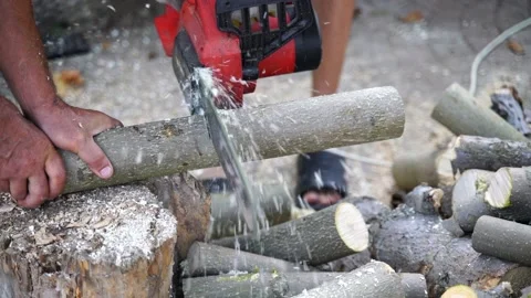 A man saws a log with an chain saw. Process of sawing wood with an chain saw Stock Footage 162802300