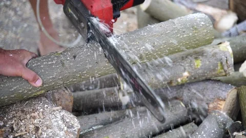 A man saws a log with an chain saw. Process of sawing wood with an chain saw Stock Footage 163076920