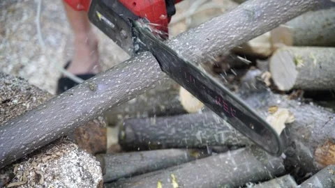 A man saws a log with an chain saw. Process of sawing wood with an chain saw Stock Footage 163260385