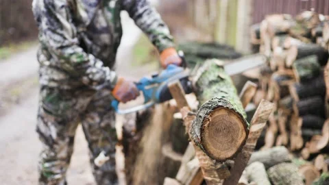 A man saws logs Stock Footage 147464081
