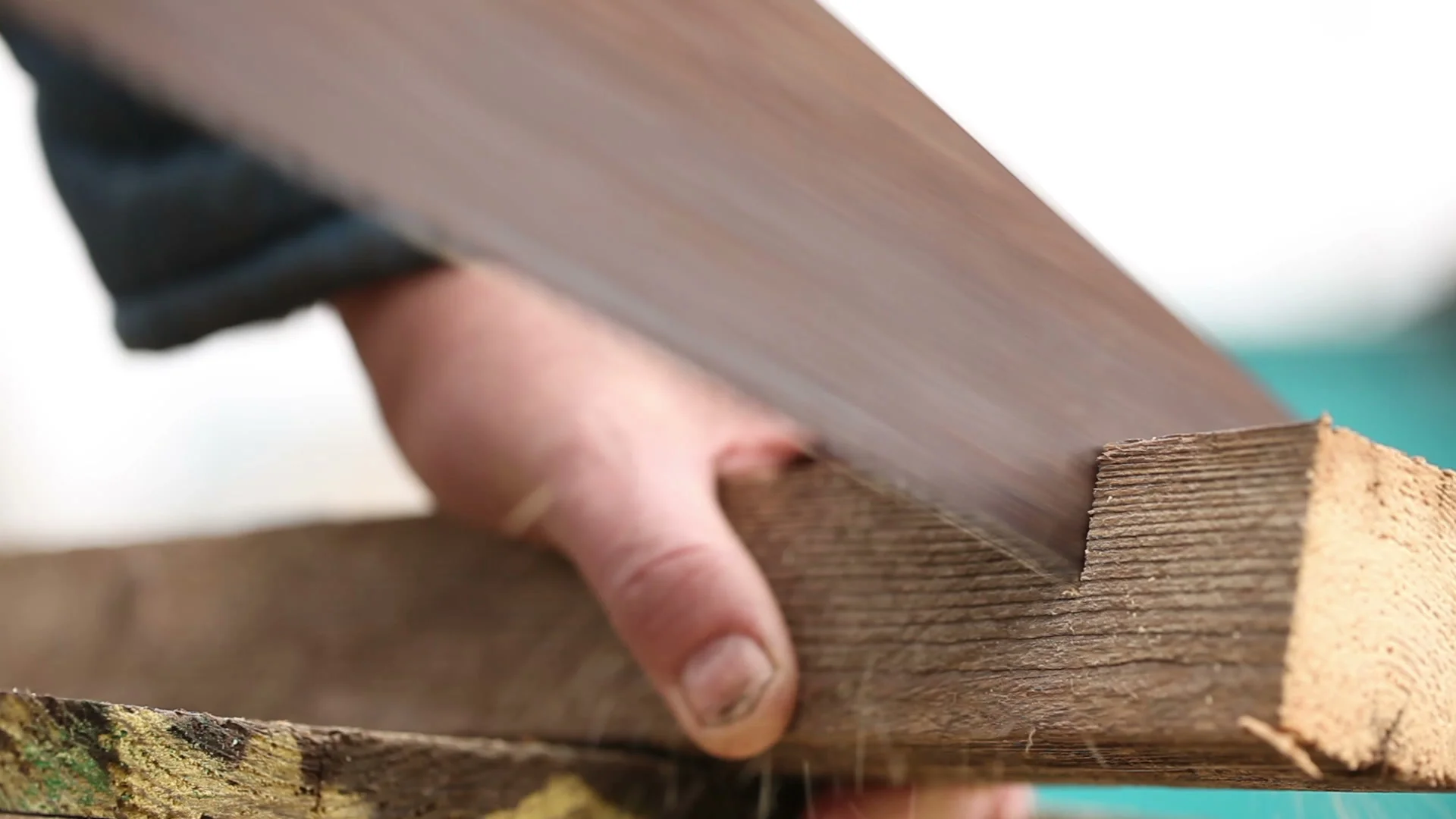 Man Saws Wooden Bar Rusty Hand Saw Stock 73607525