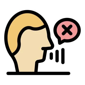 Man is saying no, stop talking or quiet please, crossed out speech bubble ico Illustration