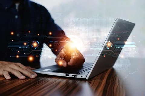Man scan fingerprint for security system login on clouds computer system Stock Photos