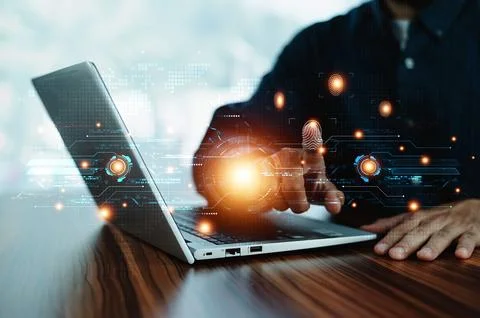 Man scan fingerprint for security system login on clouds computer system Stock Photos