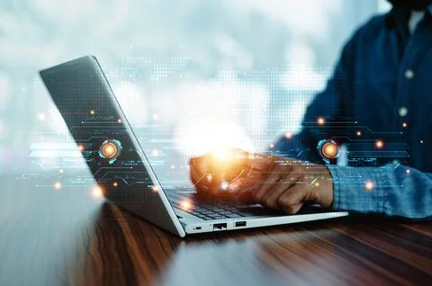 Man scan fingerprint for security system login on clouds computer system Stock Photos