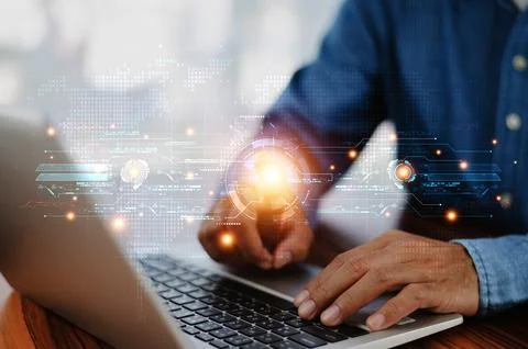 Man scan fingerprint for security system login on clouds computer system Stock Photos
