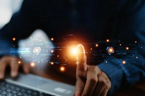 Man scan fingerprint for security system login on clouds computer system Stock Photos