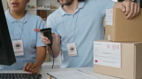 Man Scanning Barcode on Delivery Boxes with Female Coworker Stock Footage 346063093