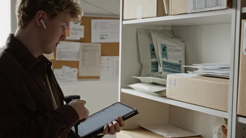 Man Scanning Box Barcode and Updating Inventory on Digital Tablet Stock Footage 342593868