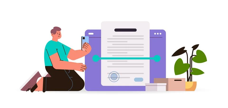 Man scanning document in mobile app text recognition concept horizontal Stock Illustration