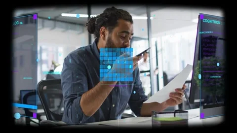 Man scanning document, speaking into phone and confirming business data with Stock Footage 333019291
