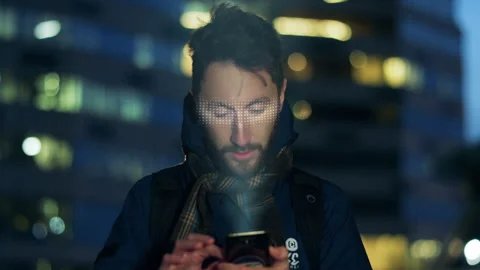 Man scanning the face by smart phone. Data protection concept. Stock Footage 256293438