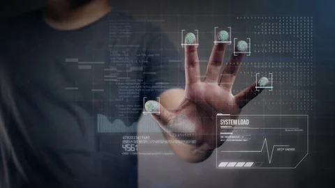 Man Scanning Fingerprint to Access Data. Future Digital World Concept Stock Footage