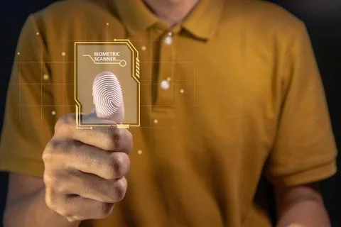 Man scanning fingerprint on virtual screen. Fingerprint identification to a.. Foto stock