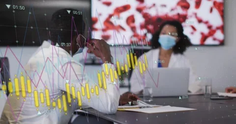 Man scanning medical documents with flickering graphs, gesturing at woman Stock Footage 326307325