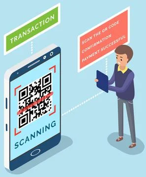 A man scanning qr code via mobile phone application. Customer makes paying with Stock Illustration