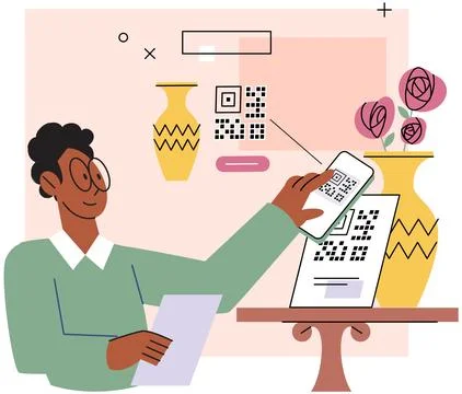 Man scanning qr code for payment via smartphone, online shopping in home decor Stock Illustration