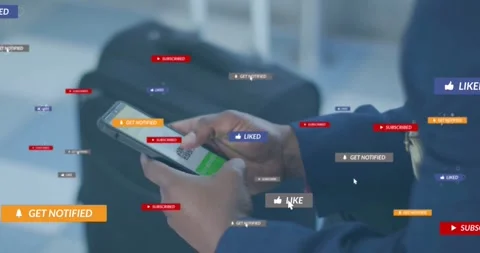 Man scanning QR code on phone in airport generating floating tech badges Stock Footage 328837308