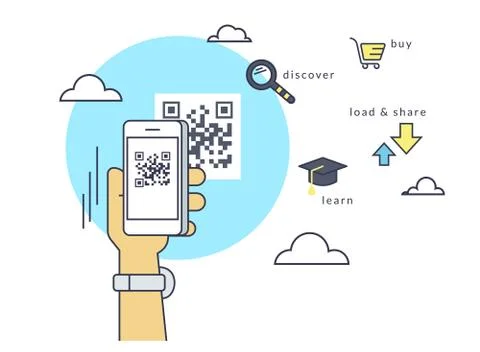 Man is scanning QR code via smartphone app Stock Illustration