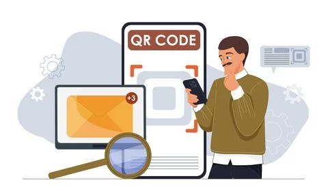 Man scanning QR code with smartphone. Vector illustration Illustrazione stock