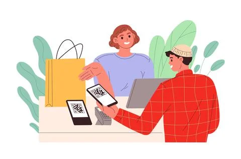 Man scans QR code at cash desk in store Stock Illustration