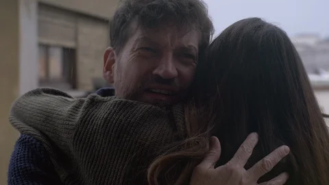 Man scared about recession after coronavirus crying hugging girlfriend slow m Stock Footage 128436128