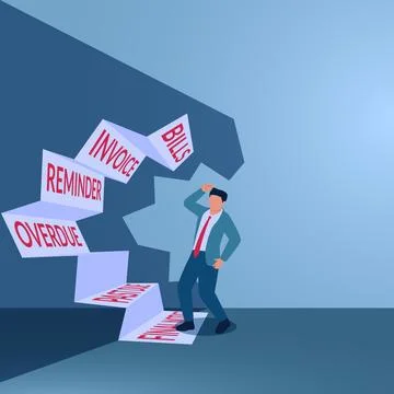 A man is scared with a bill envelope monster that opens like a mouth, illus.. Illustrazione stock