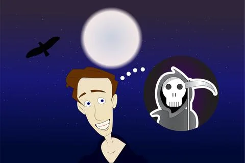 Man scared of dying thinking about grim reaper Stock Illustration