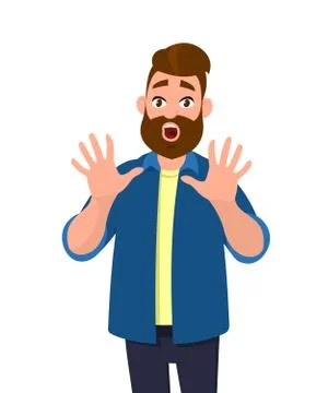 Man with scared expression on his face making frightened gesture with his palm. Stock Illustration